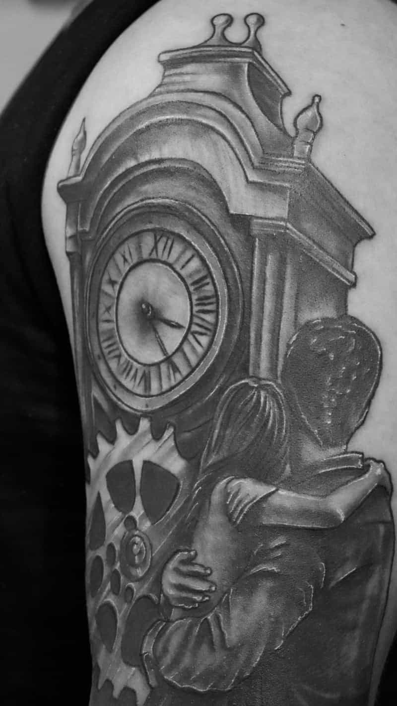 Black and grey realistic couple with grandfather clock tattoo - Laurel MD